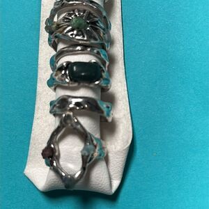 Free People Ring Set Silver Green Stones 7 Rings